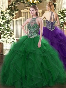 Colorful Green Lace Up Halter Top Beading and Ruffles 15th Birthday Dress Organza Sleeveless