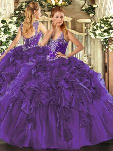 Super Purple Ball Gowns Straps Sleeveless Organza Floor Length Lace Up Beading and Ruffles Quinceanera Dress
