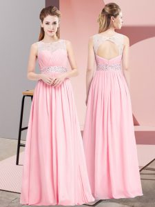 Spectacular Pink Chiffon Lace Up Scoop Sleeveless Floor Length Homecoming Dress Beading