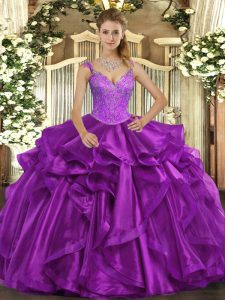 Popular Sleeveless Organza Floor Length Lace Up Sweet 16 Dress in Purple with Beading and Ruffles