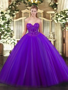 Shining Floor Length Ball Gowns Sleeveless Purple Quinceanera Gowns Lace Up