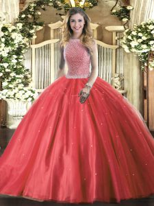 Simple Floor Length Red Quinceanera Gowns Tulle Sleeveless Beading