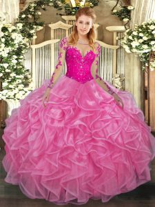  Floor Length Ball Gowns Long Sleeves Rose Pink Sweet 16 Dress Lace Up