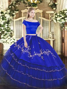  Royal Blue Two Pieces Off The Shoulder Short Sleeves Organza and Taffeta Floor Length Zipper Embroidery and Ruffled Layers Quinceanera Dress