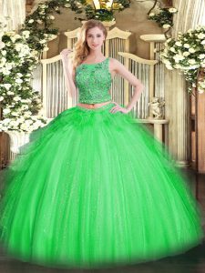  Two Pieces Scoop Sleeveless Tulle Floor Length Lace Up Beading and Ruffles Quinceanera Gown