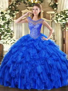  Scoop Sleeveless Lace Up Ball Gown Prom Dress Royal Blue Organza