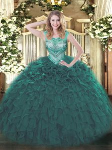Free and Easy Teal Ball Gowns Scoop Sleeveless Organza Floor Length Lace Up Beading and Ruffles Quinceanera Gown