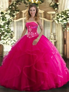 Hot Selling Hot Pink Tulle Lace Up Quince Ball Gowns Sleeveless Floor Length Beading and Ruffles