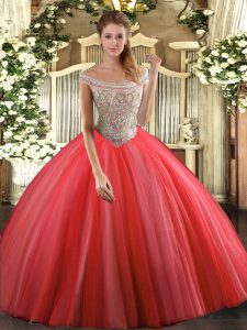 Ideal Off The Shoulder Sleeveless Tulle 15 Quinceanera Dress Beading Lace Up