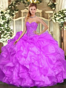Custom Design Lilac Ball Gowns Sweetheart Sleeveless Organza Floor Length Lace Up Beading and Ruffles 15th Birthday Dress