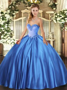  Sleeveless Satin Floor Length Lace Up 15 Quinceanera Dress in Blue with Beading