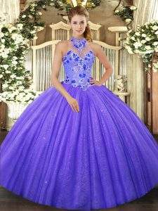 Fashionable Sleeveless Tulle Lace Up Quince Ball Gowns in Purple with Beading and Embroidery