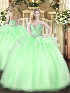 Hot Selling Apple Green Sweetheart Neckline Beading Quince Ball Gowns Sleeveless Lace Up