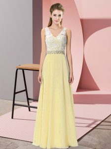 Simple Light Yellow Prom and Party with Beading V-neck Sleeveless Backless