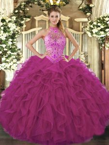  Floor Length Lace Up 15th Birthday Dress Fuchsia for Sweet 16 and Quinceanera with Beading and Embroidery and Ruffles