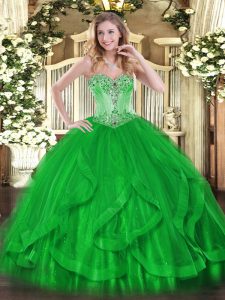 Best Green Ball Gowns Tulle Sweetheart Sleeveless Beading and Ruffles Floor Length Lace Up Sweet 16 Dresses