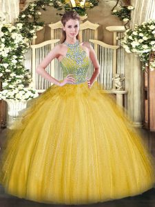 Amazing Gold Ball Gowns Beading and Ruffles Sweet 16 Quinceanera Dress Lace Up Tulle Sleeveless Floor Length
