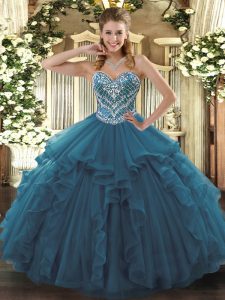  Floor Length Ball Gowns Sleeveless Teal Sweet 16 Dress Lace Up