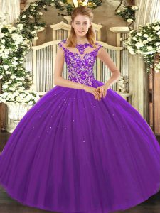 Vintage Tulle Scoop Sleeveless Lace Up Beading and Appliques Ball Gown Prom Dress in Eggplant Purple