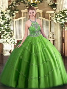 Sexy Tulle Sleeveless Floor Length Ball Gown Prom Dress and Beading and Appliques