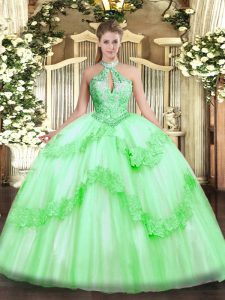  Halter Top Sleeveless Tulle Vestidos de Quinceanera Appliques and Sequins Lace Up