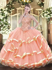 Fantastic Floor Length Peach 15 Quinceanera Dress Organza Sleeveless Appliques and Ruffled Layers