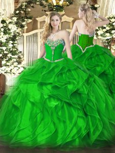  Beading and Ruffles 15 Quinceanera Dress Green Lace Up Sleeveless Floor Length