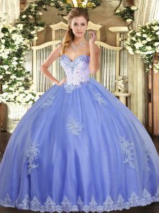 Elegant Sweetheart Sleeveless Quinceanera Gowns Floor Length Beading and Appliques Blue Tulle