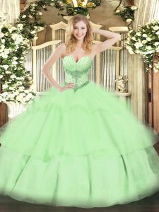  Floor Length Lace Up Quinceanera Gowns Yellow Green for Military Ball and Sweet 16 and Quinceanera with Beading and Ruffled Layers