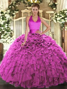 Designer Floor Length Fuchsia Sweet 16 Quinceanera Dress Organza Sleeveless Ruffles