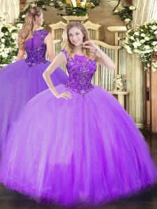 Fantastic Tulle Scoop Sleeveless Zipper Beading 15 Quinceanera Dress in Lilac