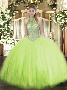 Vintage Yellow Green Tulle Lace Up Quinceanera Dresses Sleeveless Floor Length Beading
