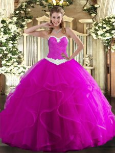  Ball Gowns Quinceanera Gowns Fuchsia Sweetheart Tulle Sleeveless Floor Length Lace Up
