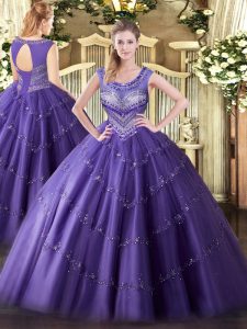  Purple Sleeveless Tulle Lace Up Quinceanera Gowns for Sweet 16 and Quinceanera