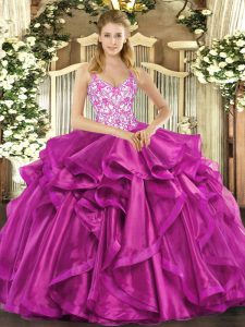  Fuchsia Lace Up Sweet 16 Dress Beading and Appliques and Ruffles Sleeveless Floor Length