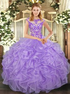Clearance Beading and Appliques and Ruffles Sweet 16 Dresses Lavender Lace Up Cap Sleeves Floor Length