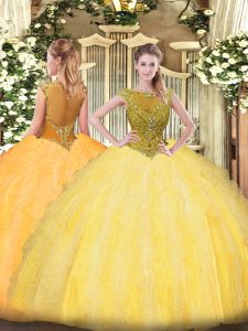 Gorgeous Gold 15th Birthday Dress Sweet 16 and Quinceanera with Beading and Ruffles Scoop Sleeveless Zipper