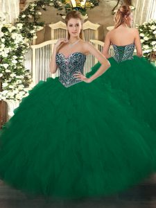 Gorgeous Dark Green Ball Gowns Sweetheart Sleeveless Tulle Floor Length Lace Up Beading and Ruffles Sweet 16 Dress