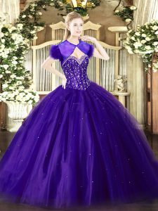 Extravagant Purple Ball Gowns Tulle Sweetheart Sleeveless Beading Floor Length Lace Up Sweet 16 Dresses