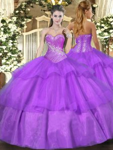  Lilac Sweetheart Lace Up Beading and Ruffled Layers Quinceanera Gowns Sleeveless