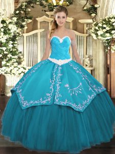 Classical Teal Ball Gowns Appliques and Embroidery 15th Birthday Dress Lace Up Organza and Taffeta Sleeveless Floor Length