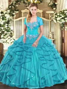  Aqua Blue Tulle Lace Up Sweet 16 Dress Sleeveless Floor Length Beading and Ruffles