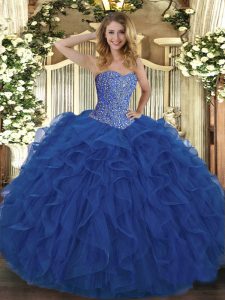  Floor Length Royal Blue Quince Ball Gowns Tulle Sleeveless Beading and Ruffles