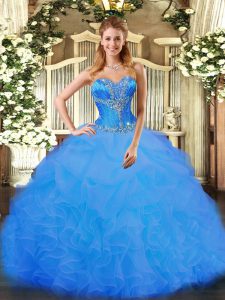 High End Beading and Ruffles Quinceanera Dress Blue Lace Up Sleeveless Floor Length