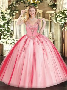 On Sale Coral Red V-neck Lace Up Beading Quinceanera Dresses Sleeveless