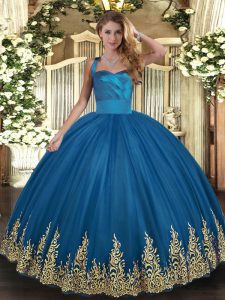 Free and Easy Blue Lace Up Halter Top Appliques Sweet 16 Dress Tulle Sleeveless