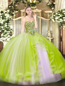 Discount Yellow Green Lace Up Sweetheart Beading and Ruffles Vestidos de Quinceanera Tulle Sleeveless