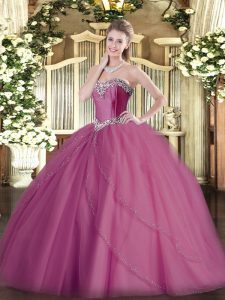 Lovely Lace Up Quinceanera Dress Lilac for Military Ball and Sweet 16 and Quinceanera with Beading Brush Train