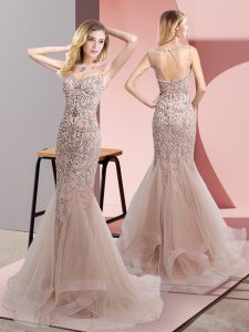 Luxury Champagne Scoop Zipper Beading and Ruffles Prom Gown Sweep Train Sleeveless