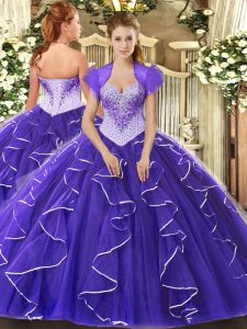 Custom Fit Tulle Sweetheart Cap Sleeves Lace Up Beading Vestidos de Quinceanera in Purple